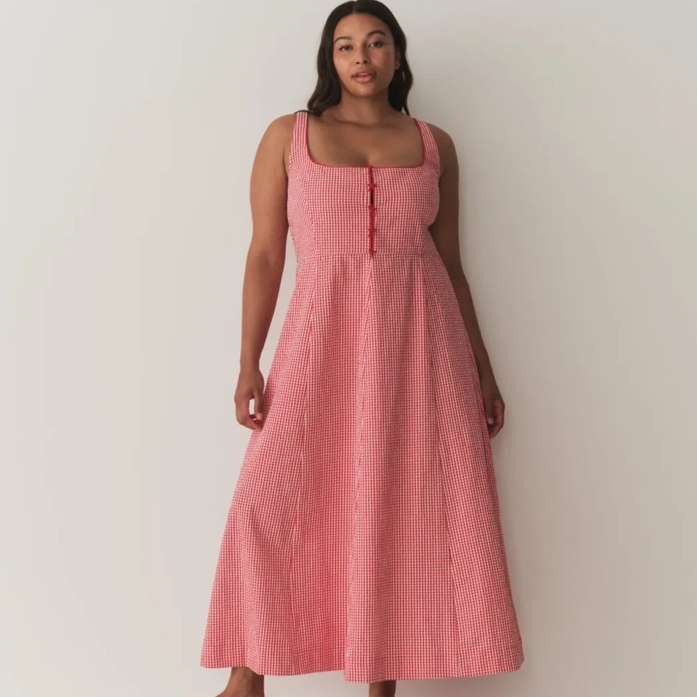 Doen Delaney Cotton Bow A Line Midi Maxi Dress Red Rouje La Maddalena Gingham - Picture 2 of 15